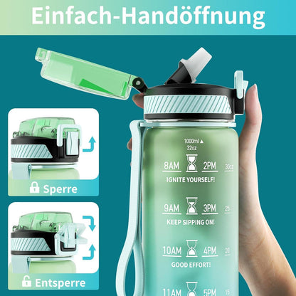 Trinkflasche 1L BPA-Frei Tritan mit Strohhalm & Zeitmarkierung