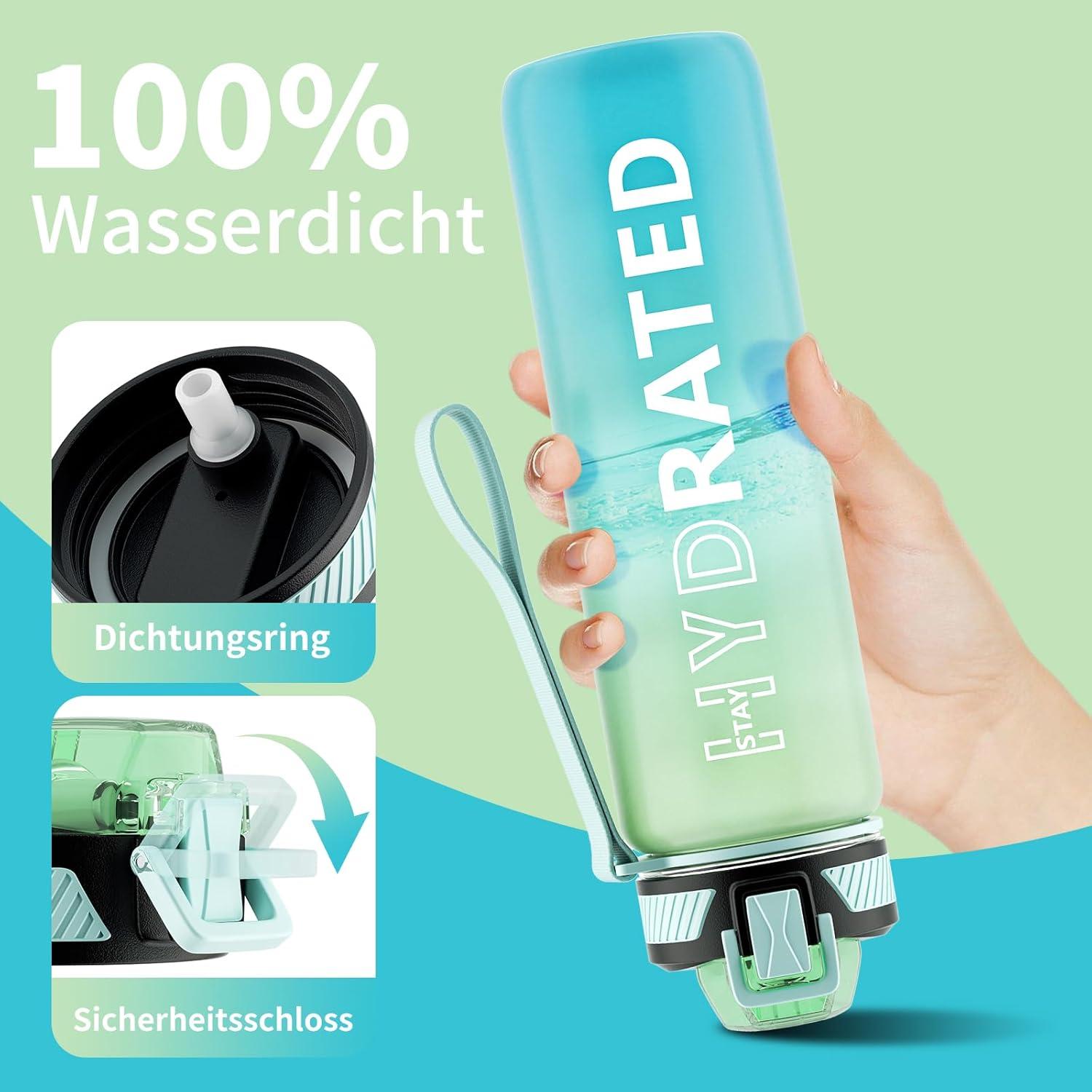 BPA-freie Trinkflasche mit Strohhalm und Zeitmarkierung 1L für Fitness, Schule, Yoga - Grün Minze