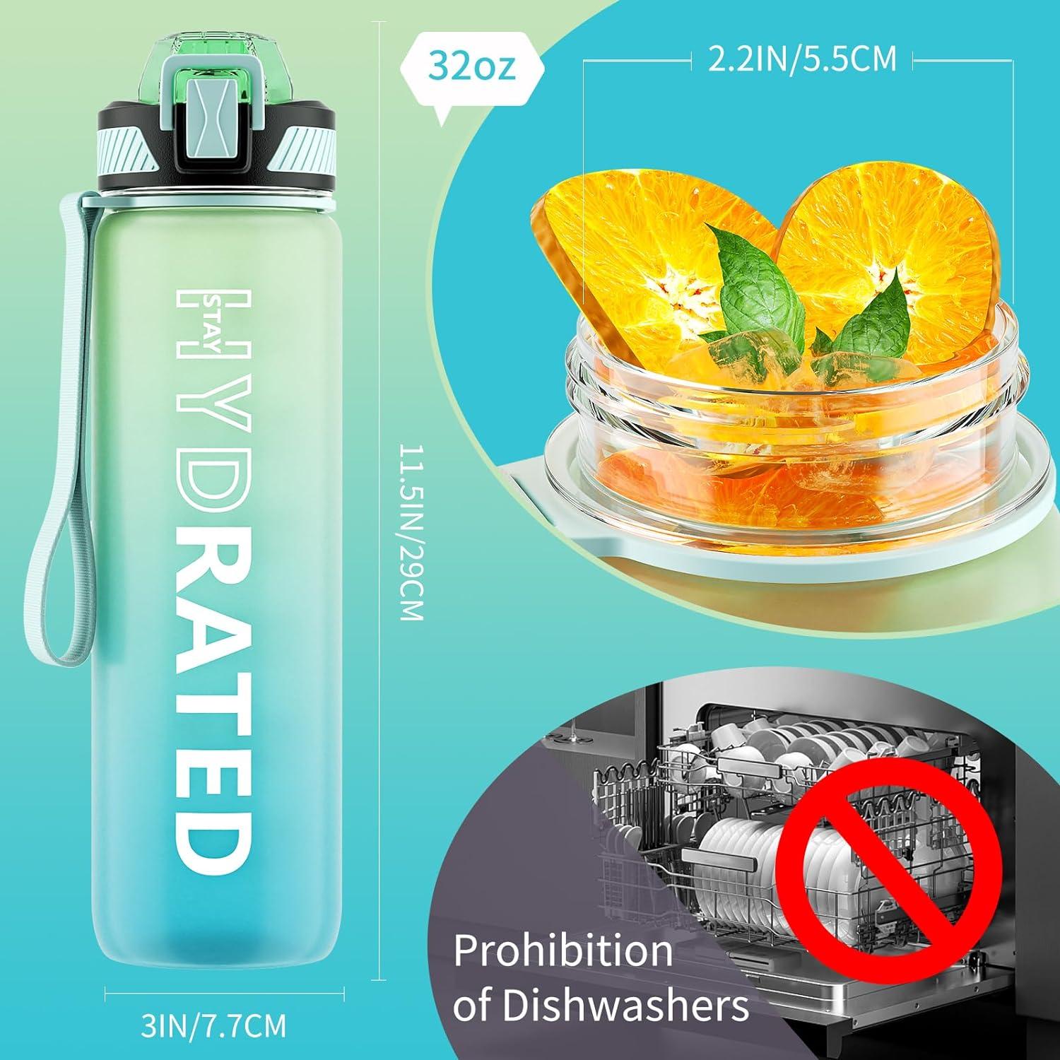 Trinkflasche 1L BPA-frei mit Strohhalm und Zeitmarkierung Grün