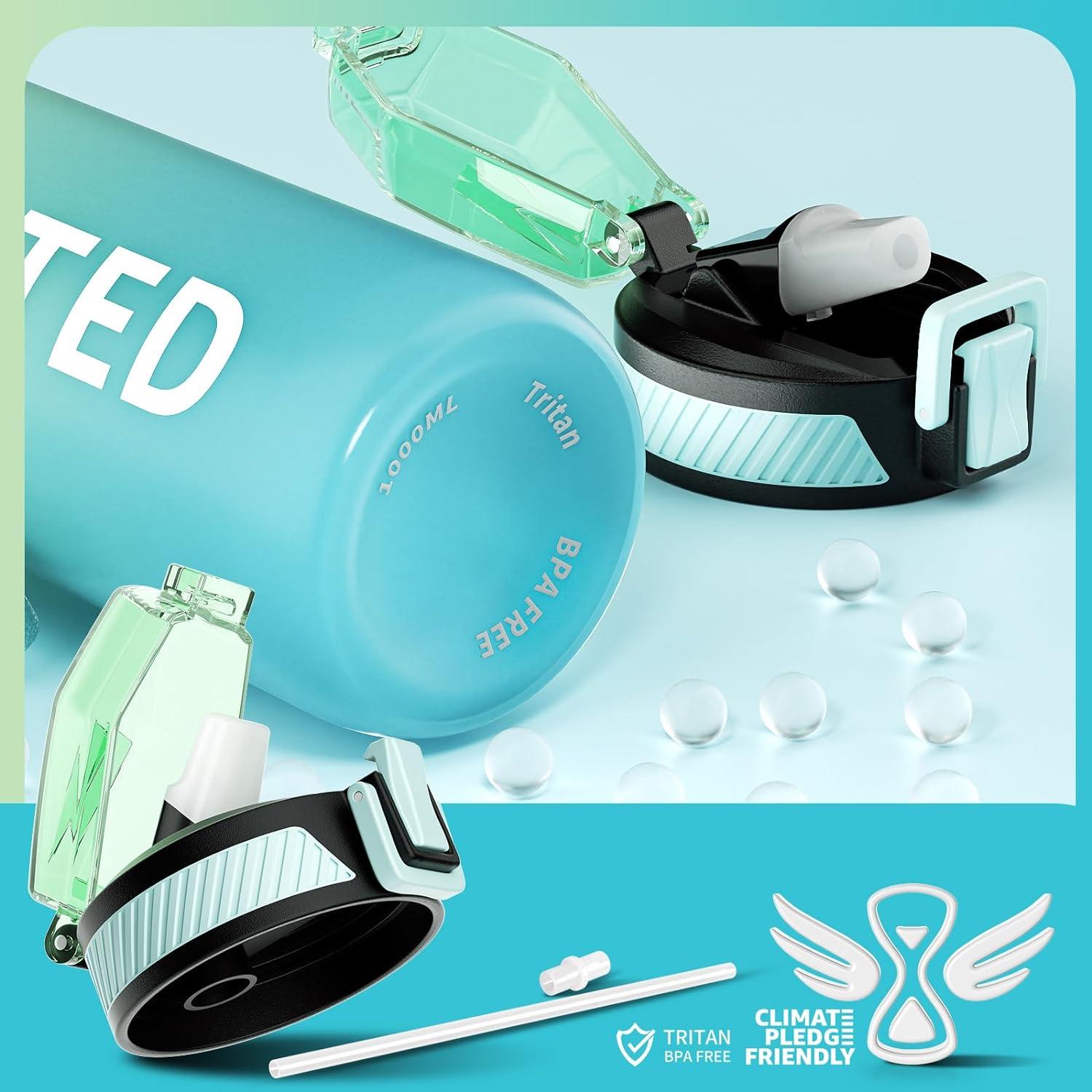 BPA-freie Trinkflasche mit Strohhalm und Zeitmarkierung 1L für Fitness, Schule, Yoga - Grün Minze