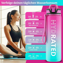 QLUR Trinkflasche 1L BPA-frei mit Strohhalm Zeitmarkierung