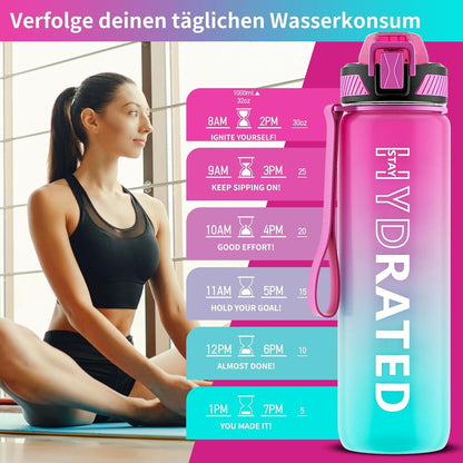 QLUR Trinkflasche 1L BPA-frei mit Strohhalm Zeitmarkierung