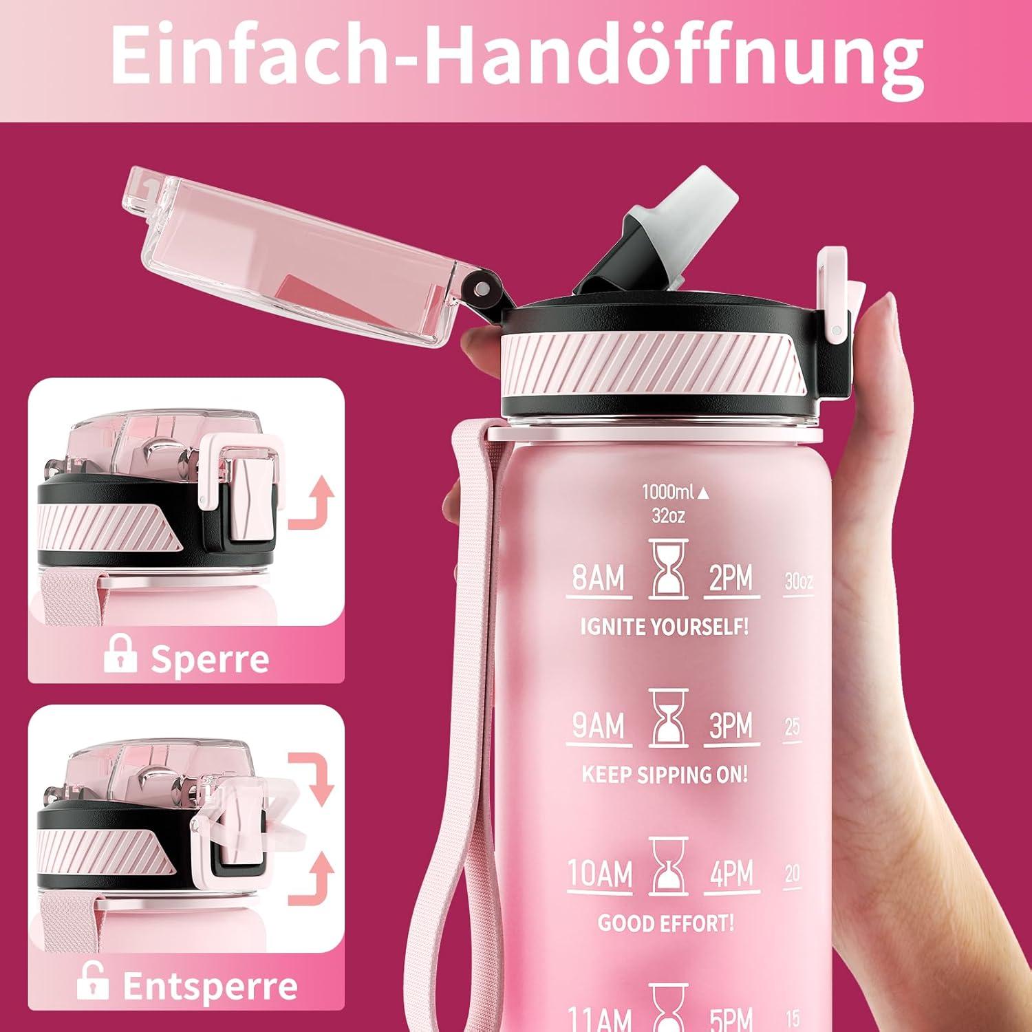 Trinkflasche 1L BPA-frei mit Strohhalm, Zeitmarkierung, Bürste