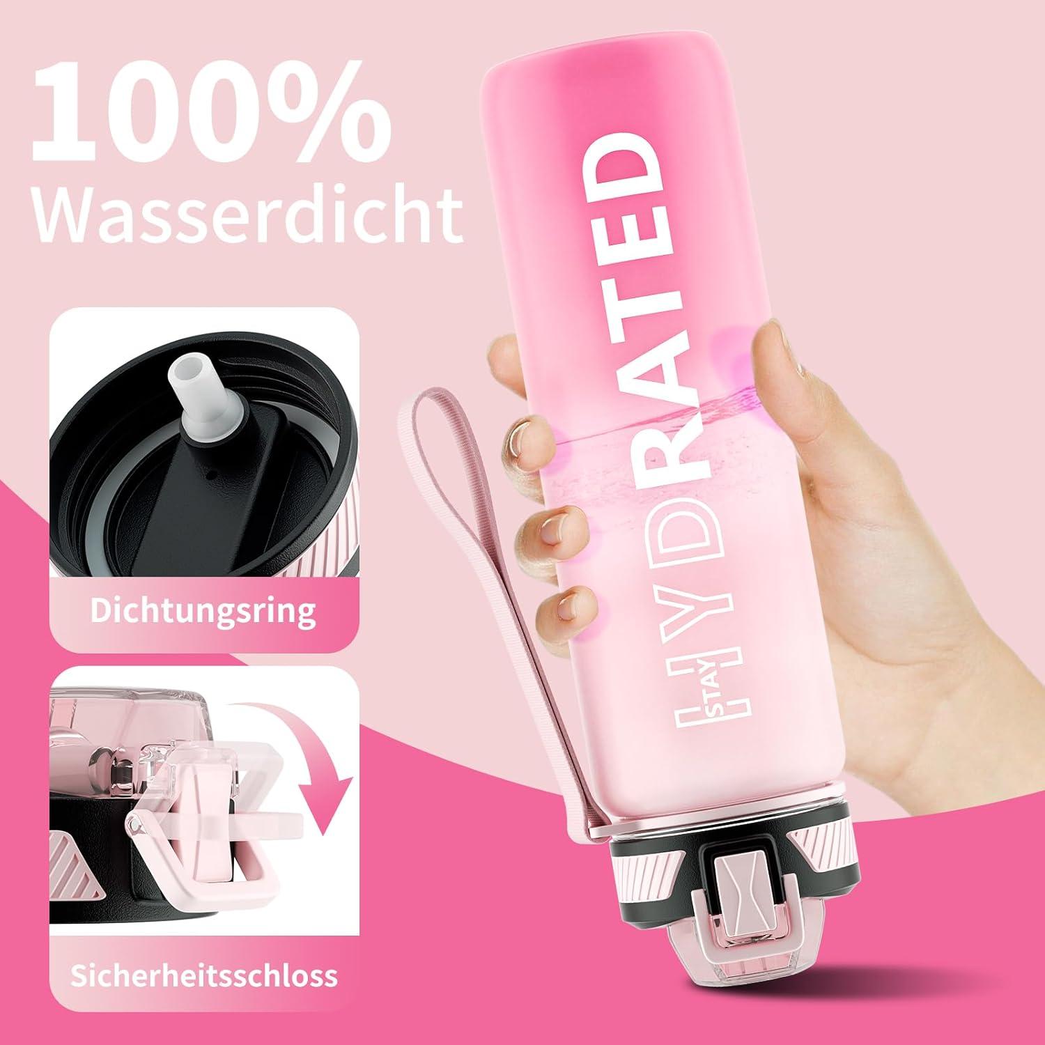 QLUR Trinkflasche 1L BPA-frei mit Strohhalm Auslaufsicher Zeitmarkierung