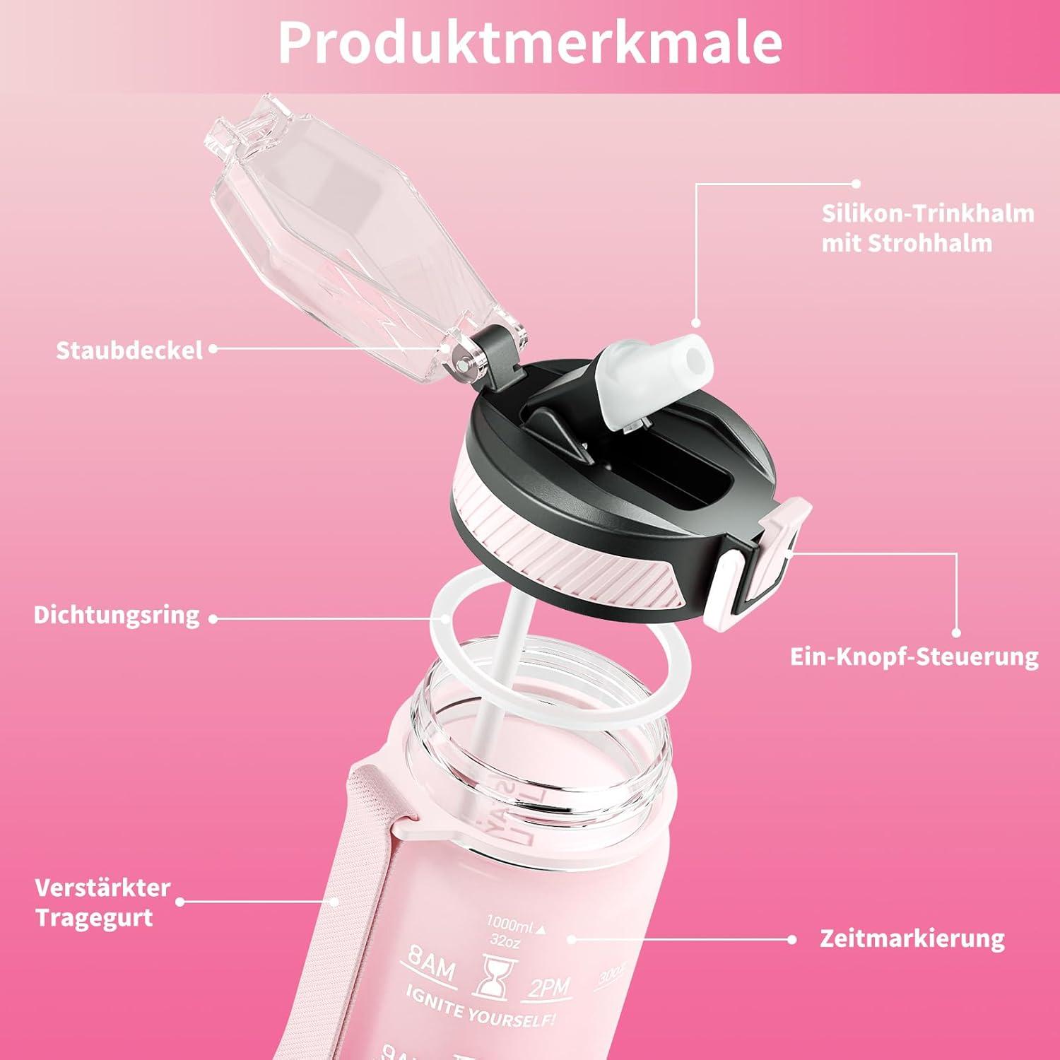 QLUR Trinkflasche 1L Sport Wasserflasche Strohhalm BPA-frei Zeitmarkierung