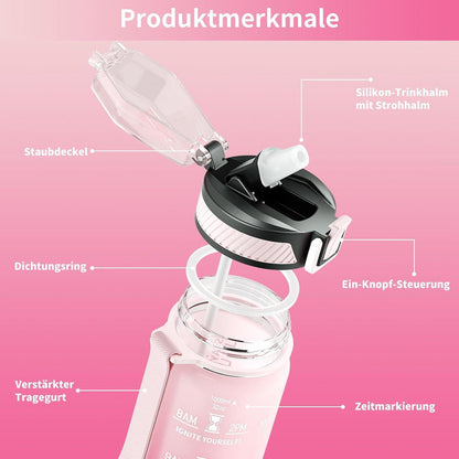 QLUR Trinkflasche 1L Sport Wasserflasche Strohhalm BPA-frei Zeitmarkierung