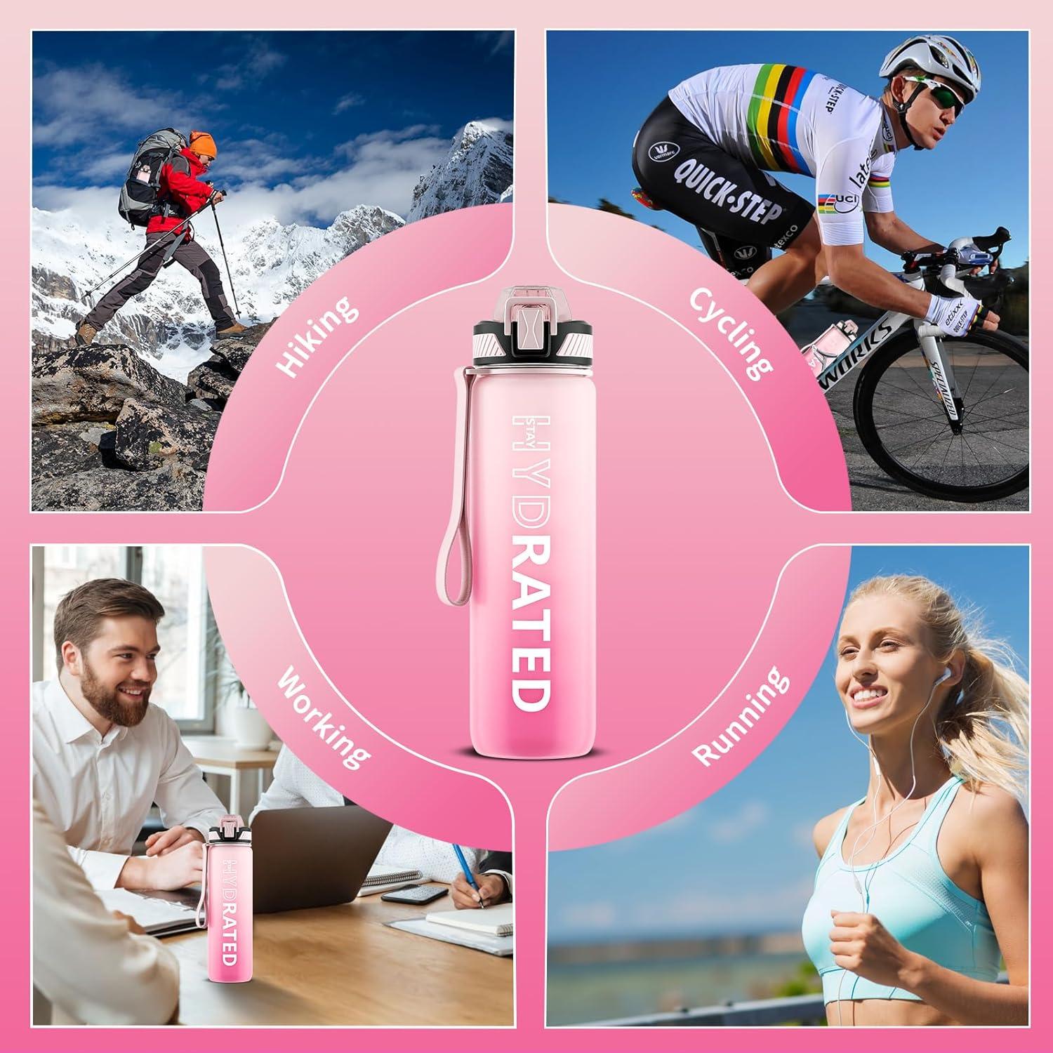 QLUR Trinkflasche 1L Sport Wasserflasche Strohhalm BPA-frei Zeitmarkierung