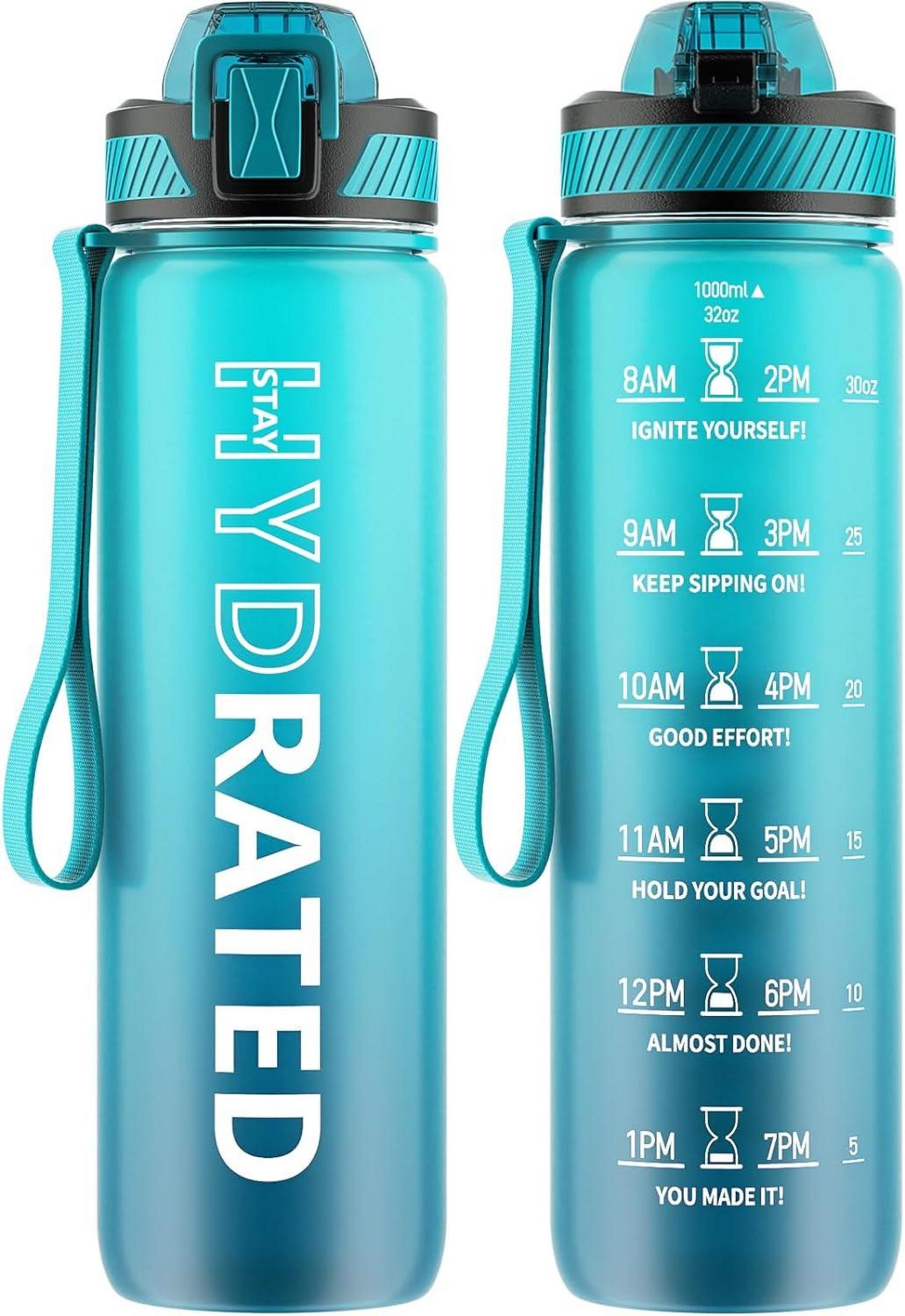 Trinkflasche 1L BPA-frei mit Strohhalm und Zeitmarkierung