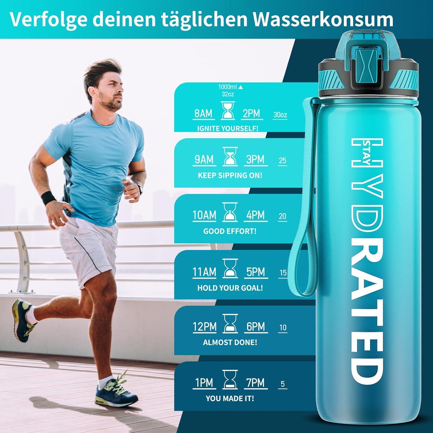 QLUR Trinkflasche 1L BPA-frei mit Strohhalm Zeitmarkierung