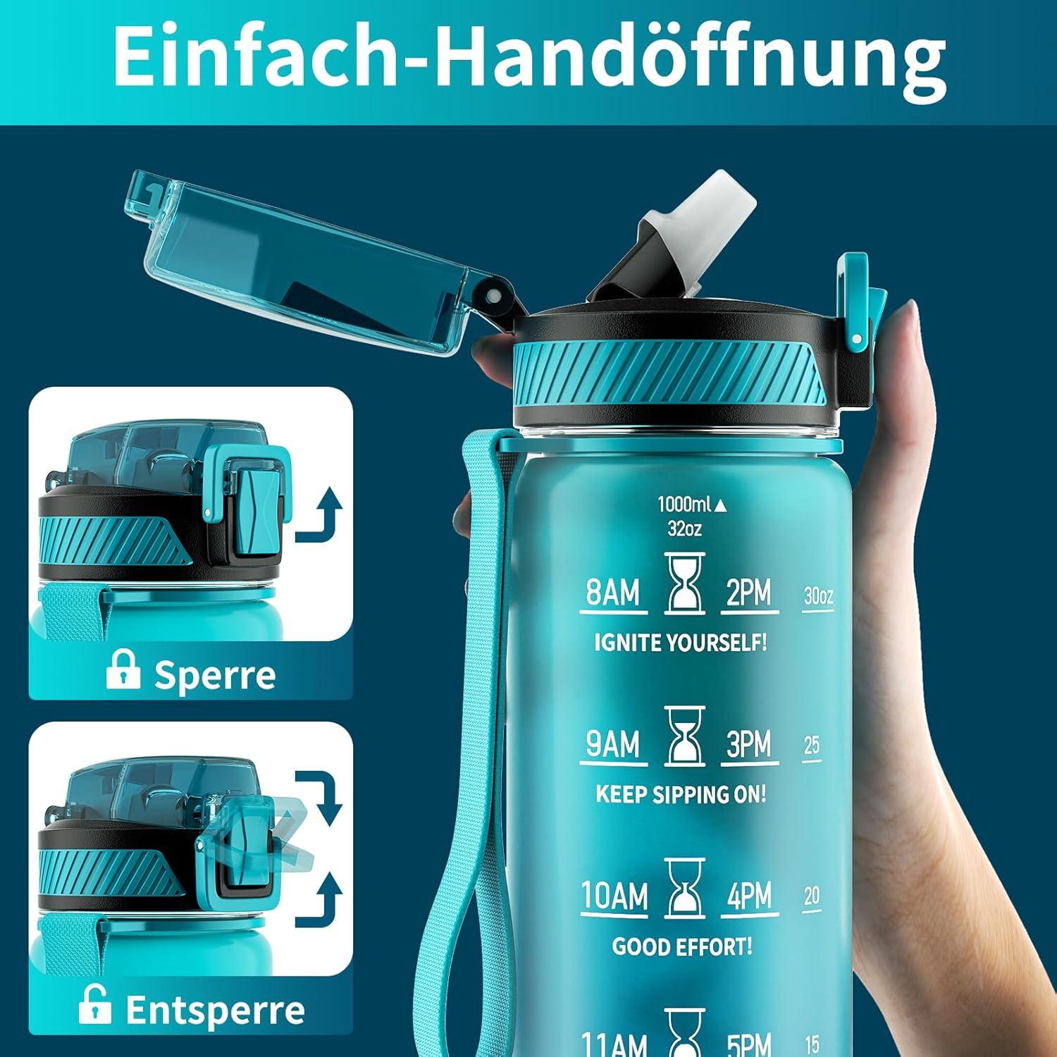 Trinkflasche 1L BPA-frei mit Strohhalm und Zeitmarkierung
