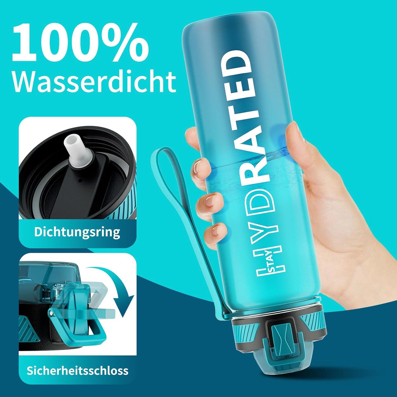 QLUR Trinkflasche 1L BPA-Frei Tritan Wasserflasche mit Strohhalm Auslaufsicher zeitmarkierung运brush Outdoor
