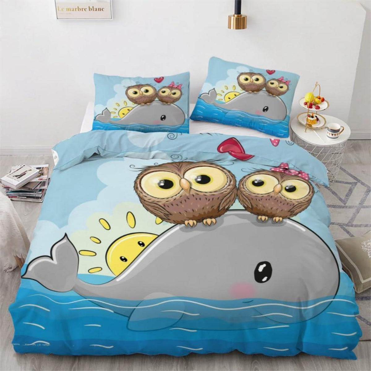 Kawaii Eule Bettwäsche-Set 220x240 cm | 3-teilig Mikrofaser