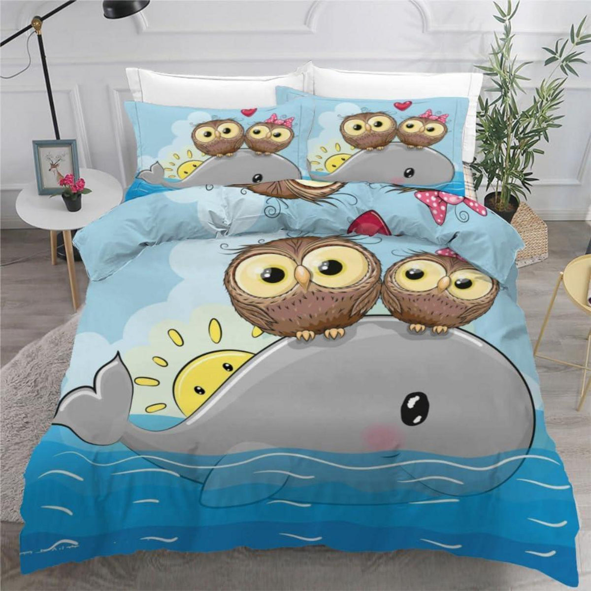 Kawaii Eulen Bettwäsche-Set 135x200 cm - 4-teilig Mikrofaser