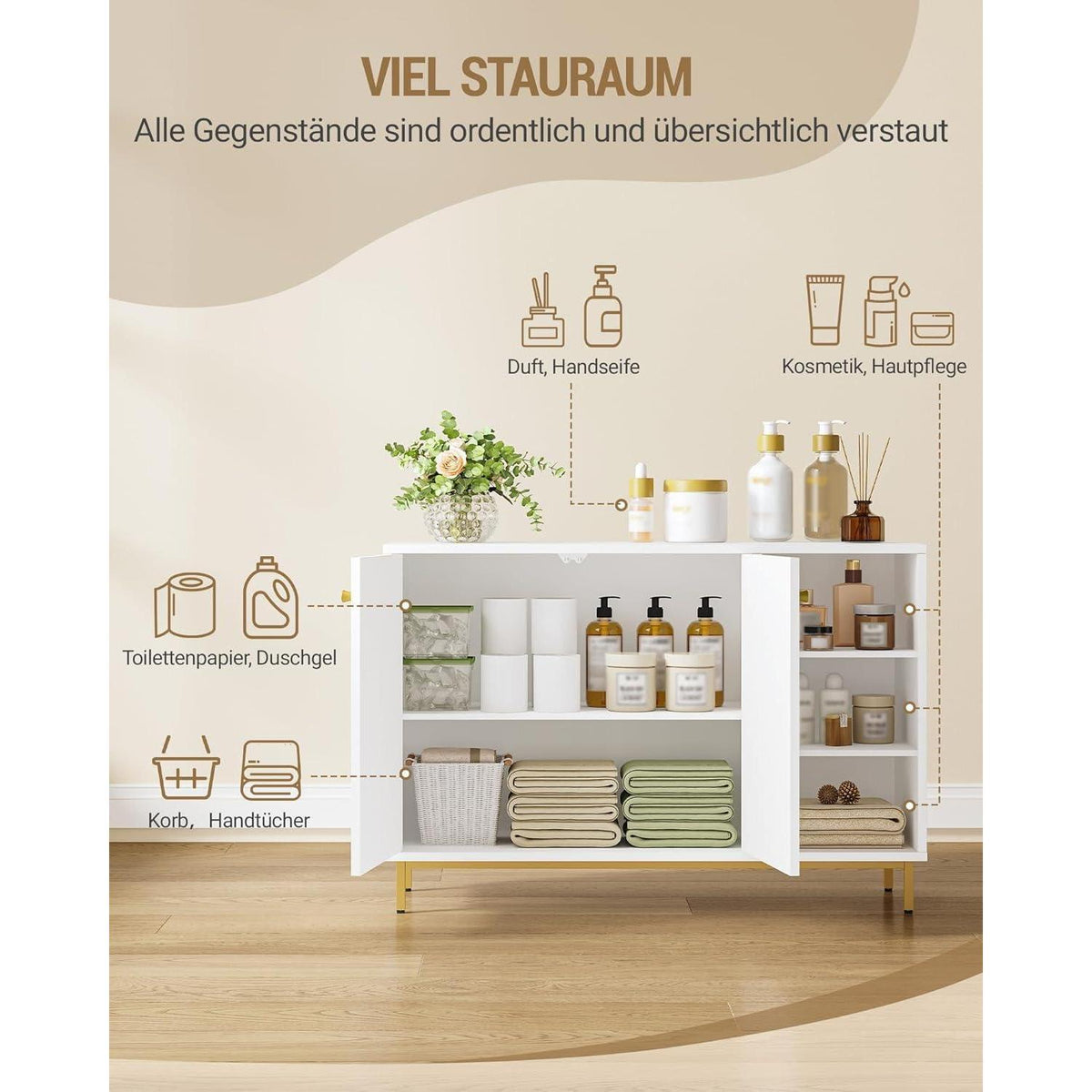Weiß-Gold Badezimmerschrank mit 2 Türen & verstellbarem Regal