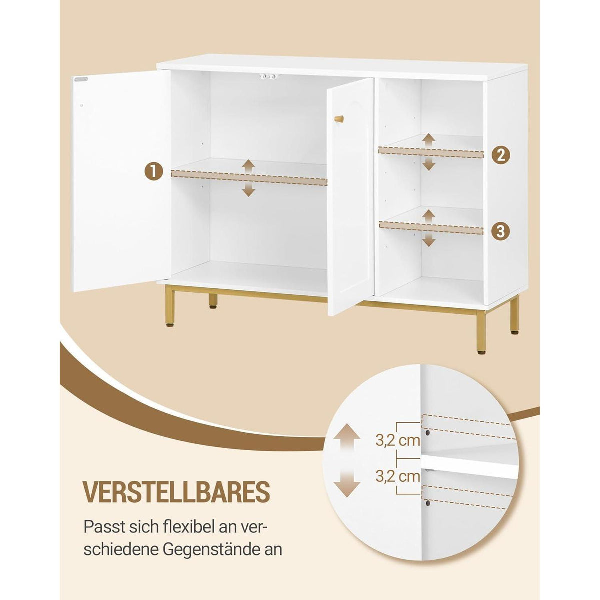 Weiß-Gold Badezimmerschrank mit 2 Türen & verstellbarem Regal