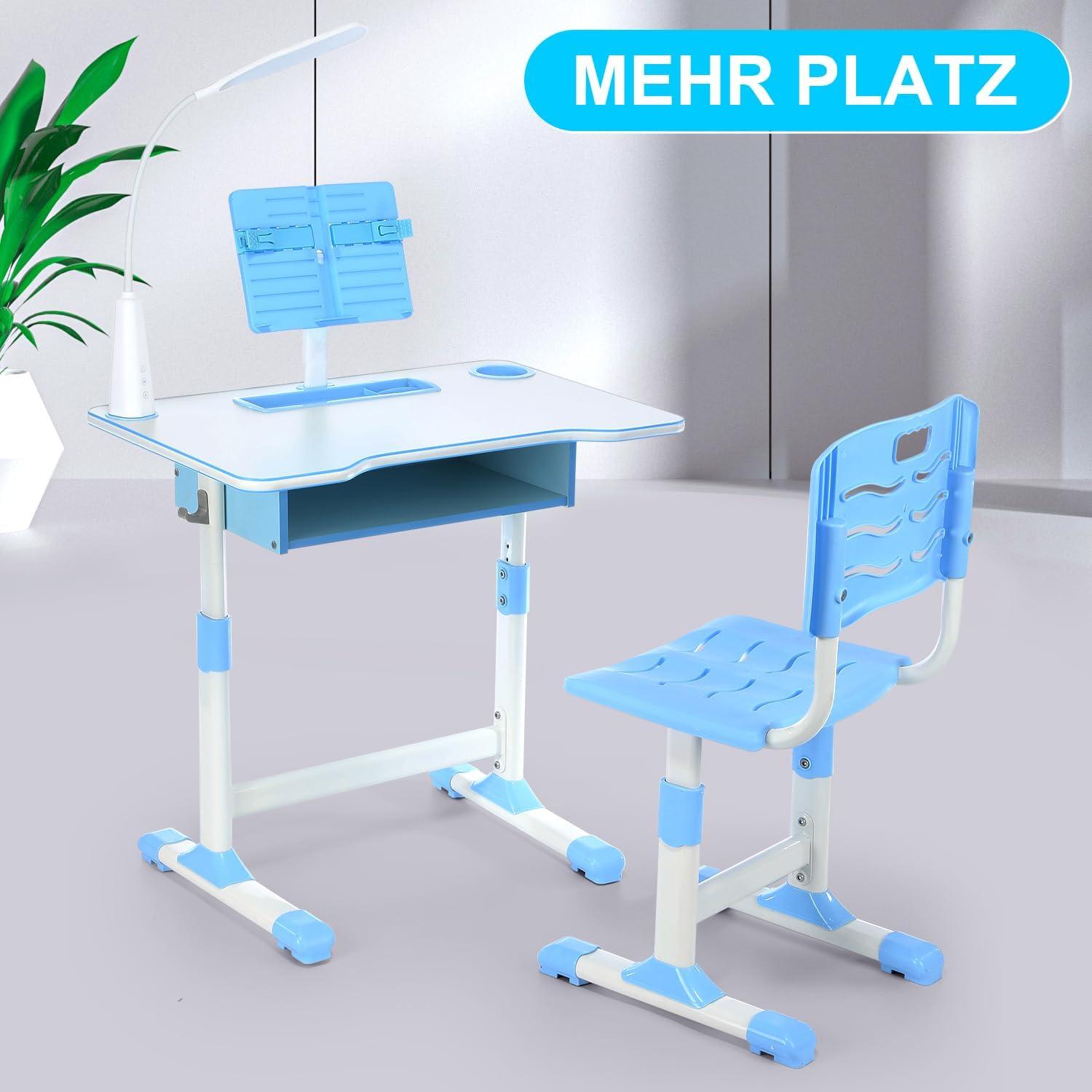 Höhenverstellbarer Kinderschreibtisch mit LED-Licht & Stuhl, Blau
