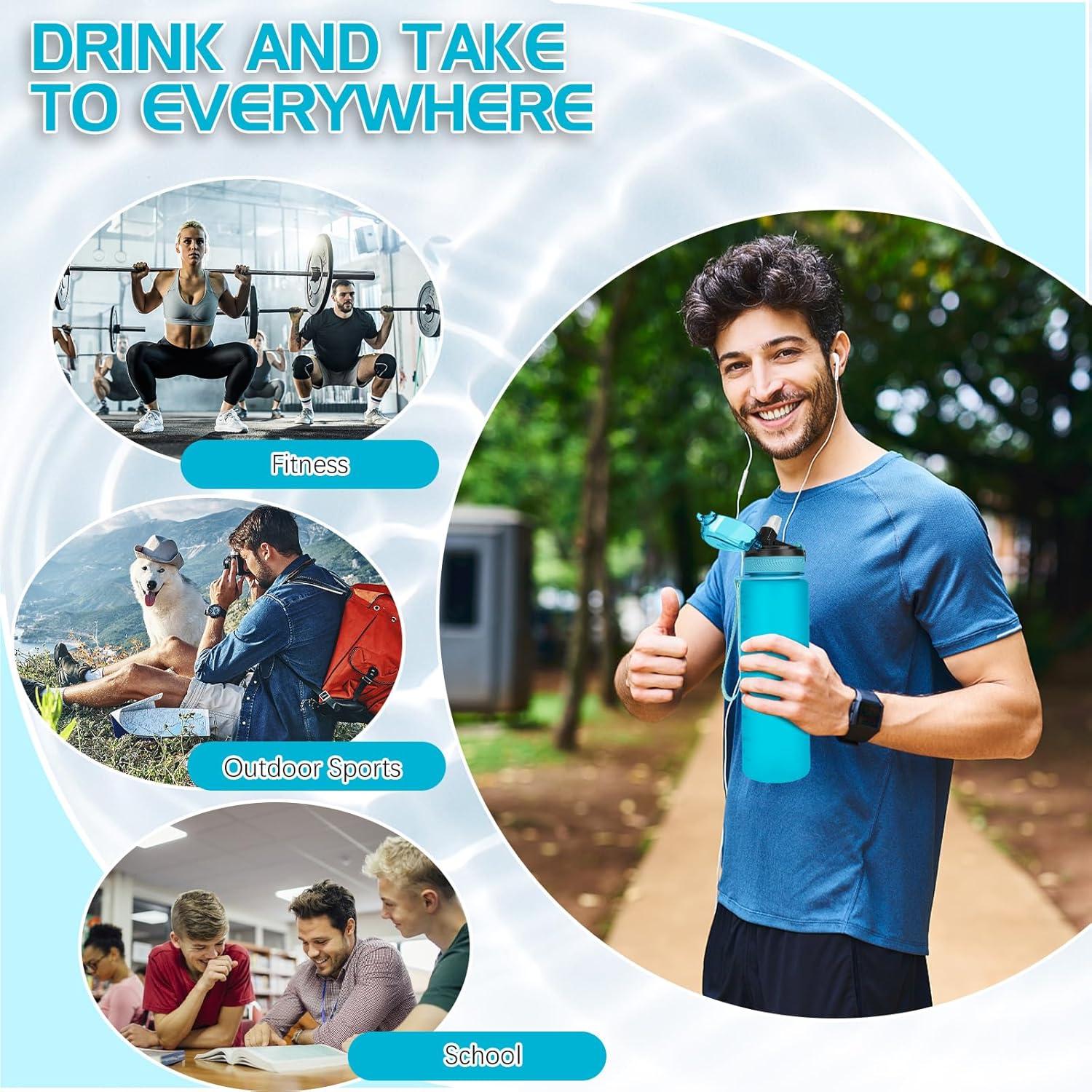 AOHAN Trinkflasche 1L Sport mit auslaufsicherem Klappdeckel und Stroh, BPA frei