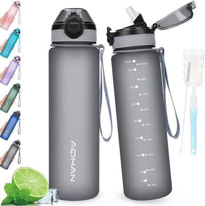 Sport Trinkflasche mit Stroh auslaufsicher 1L Grau
