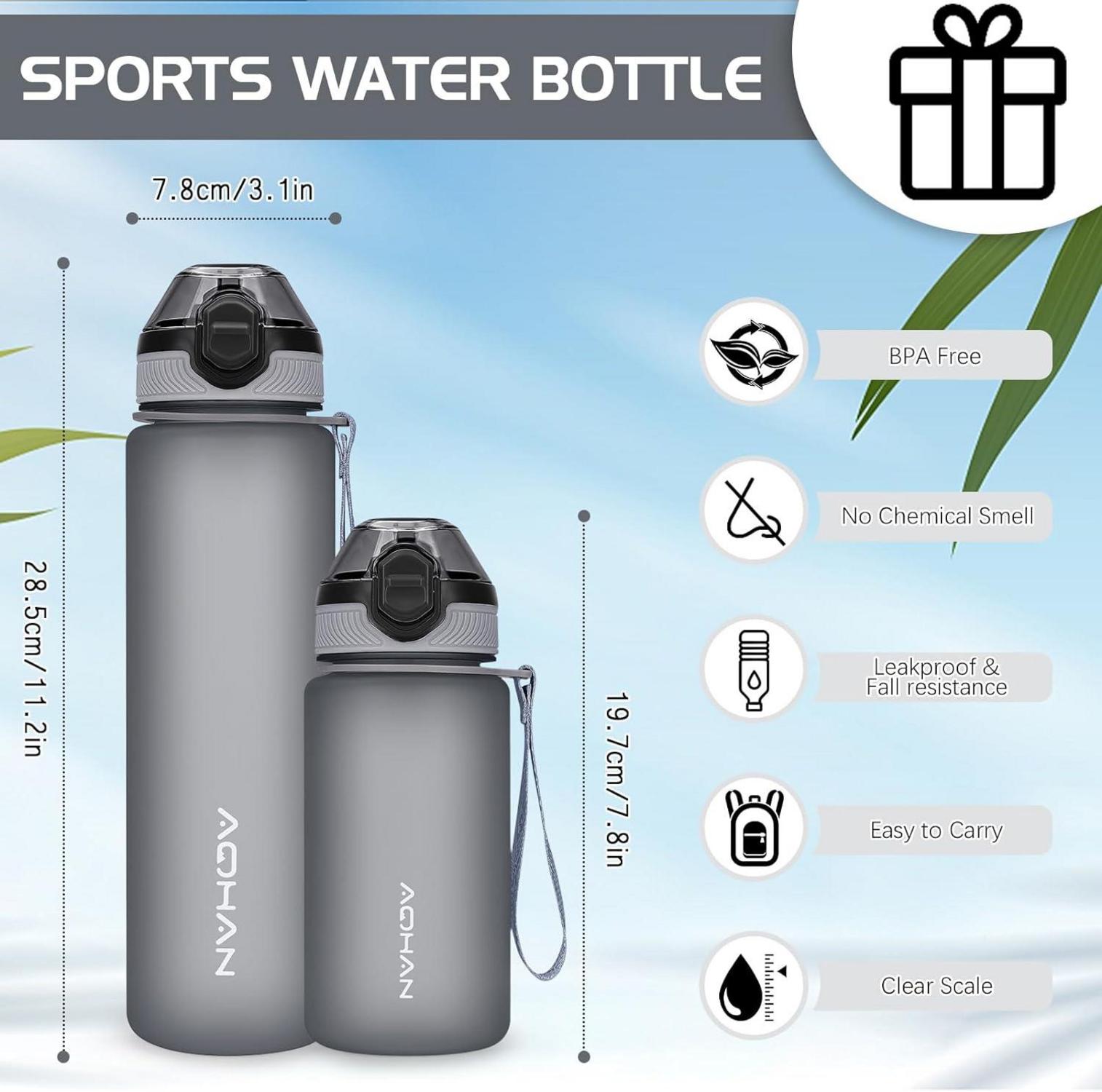 Sport-Trinkflasche AOHAN 1L mit auslaufsicherem Klappdeckel und Strohhalm