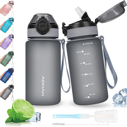 Sport Trinkflasche mit Strohhalm und Klappdeckel 600ML Grau