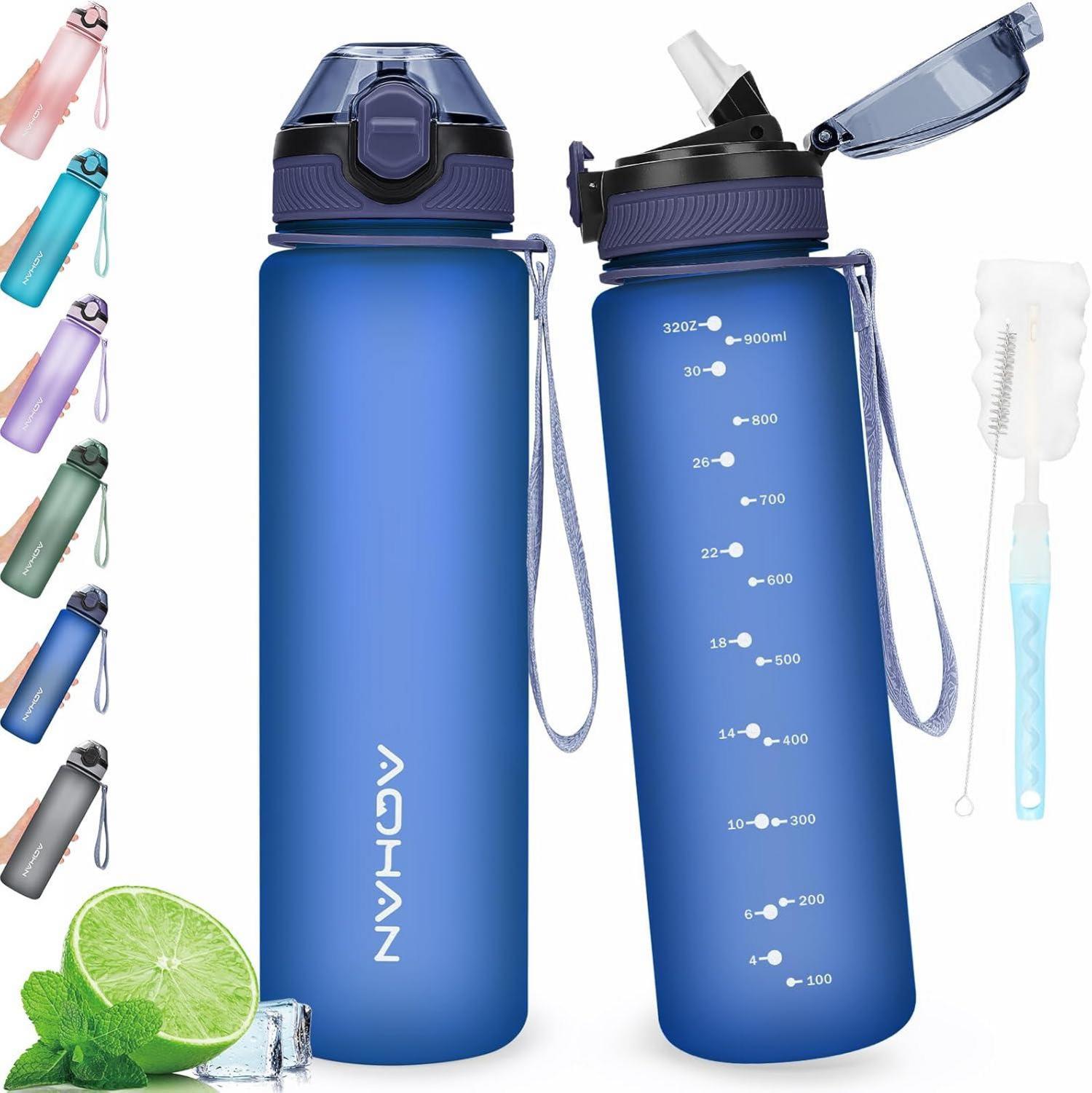 Sport Trinkflasche mit Strohhalm und Tragegurt Dunkelblau 1L