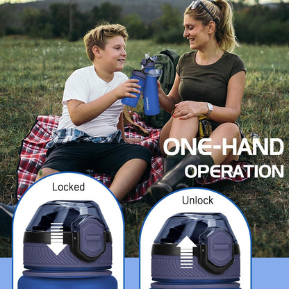 AOHAN Trinkflasche 1L mit auslaufsicherem Klappdeckel und Stroh, BPA-frei, Dunkelblau