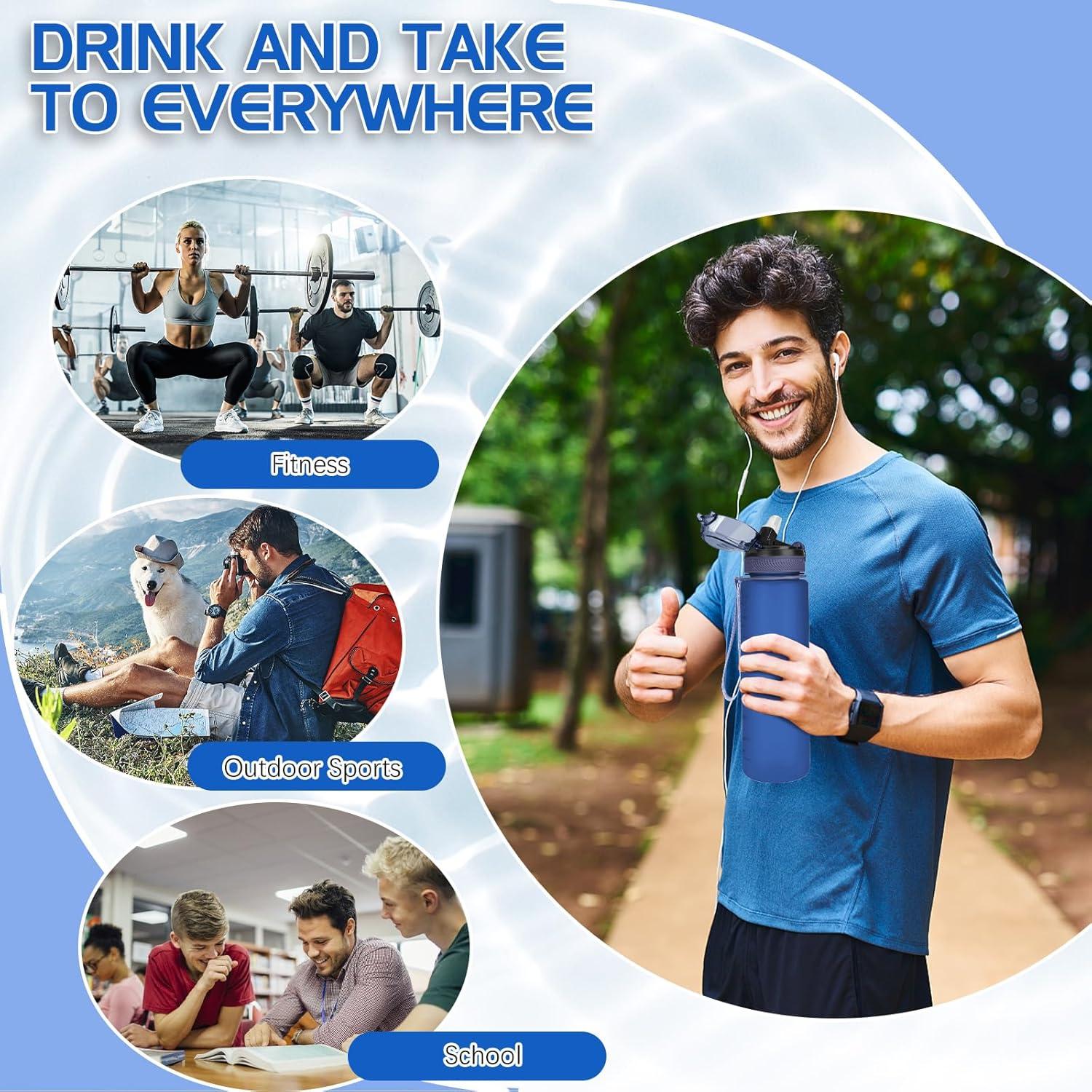 Sport Trinkflasche 1L BPA-frei mit Stroh und Tragegurt Dunkelblau
