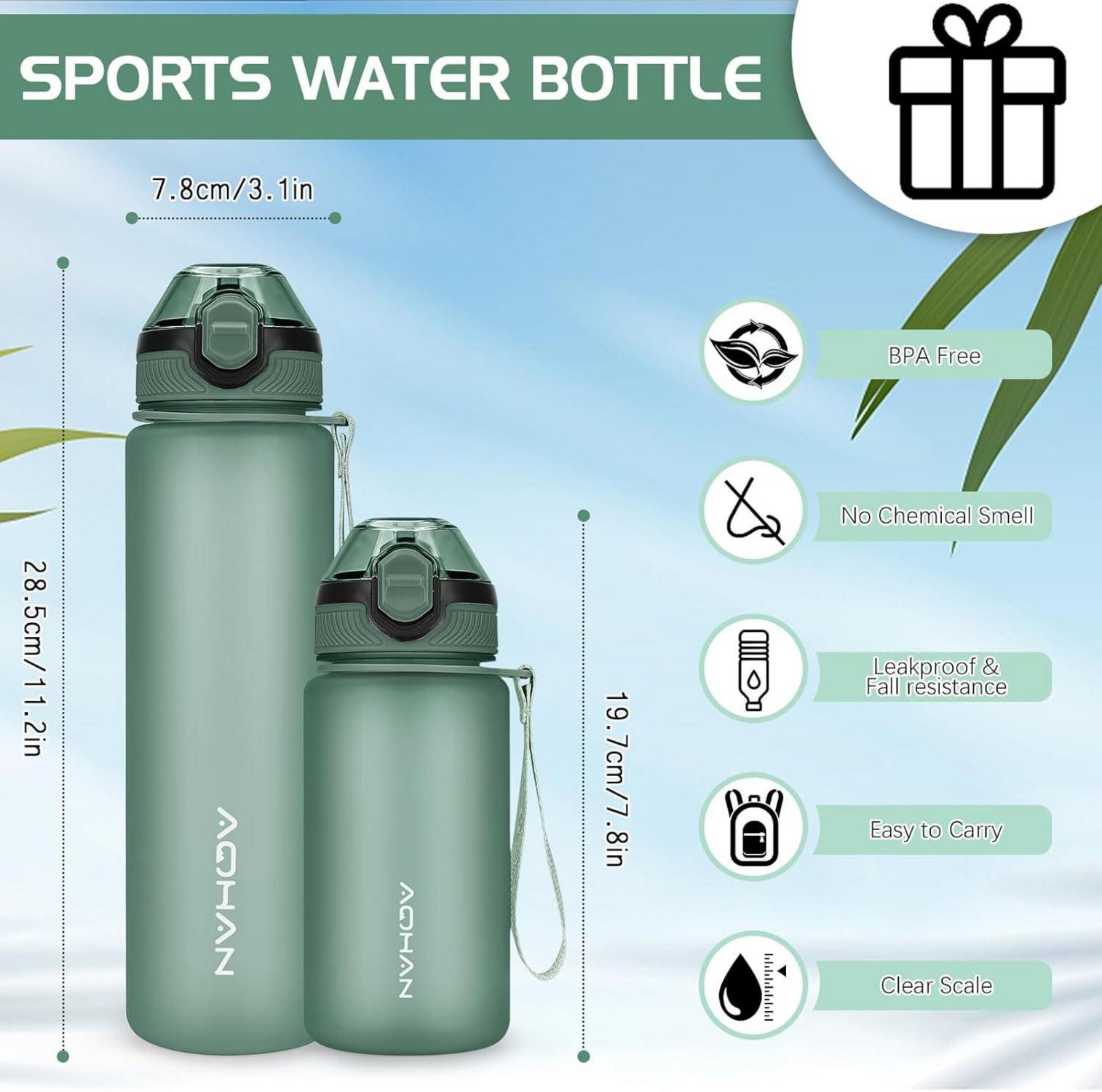 AOHAN Trinkflasche 1L mit auslaufsicherem Klappdeckel Stroh Military Grün