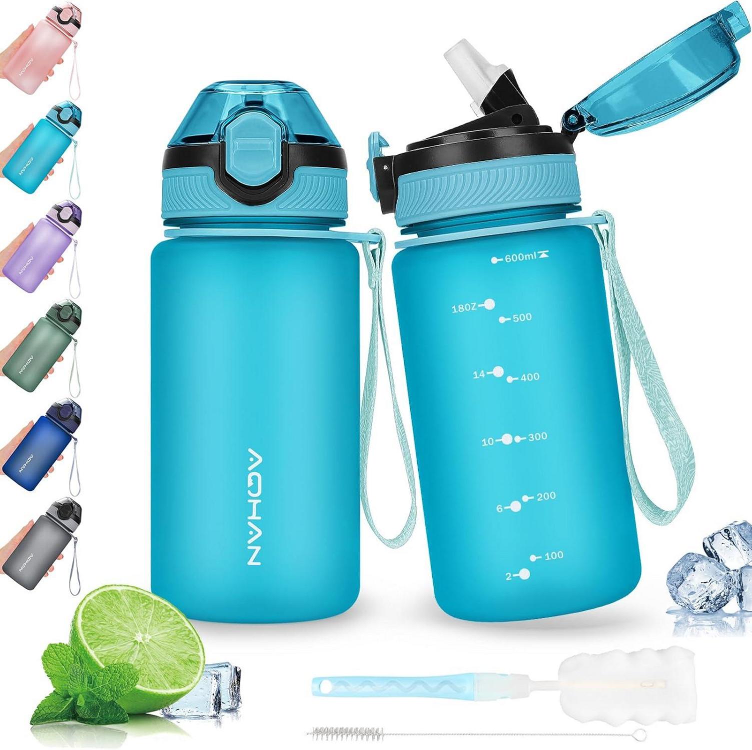 AOHAN Trinkflasche 600ML mit auslaufsicherem Klappdeckel und Stroh