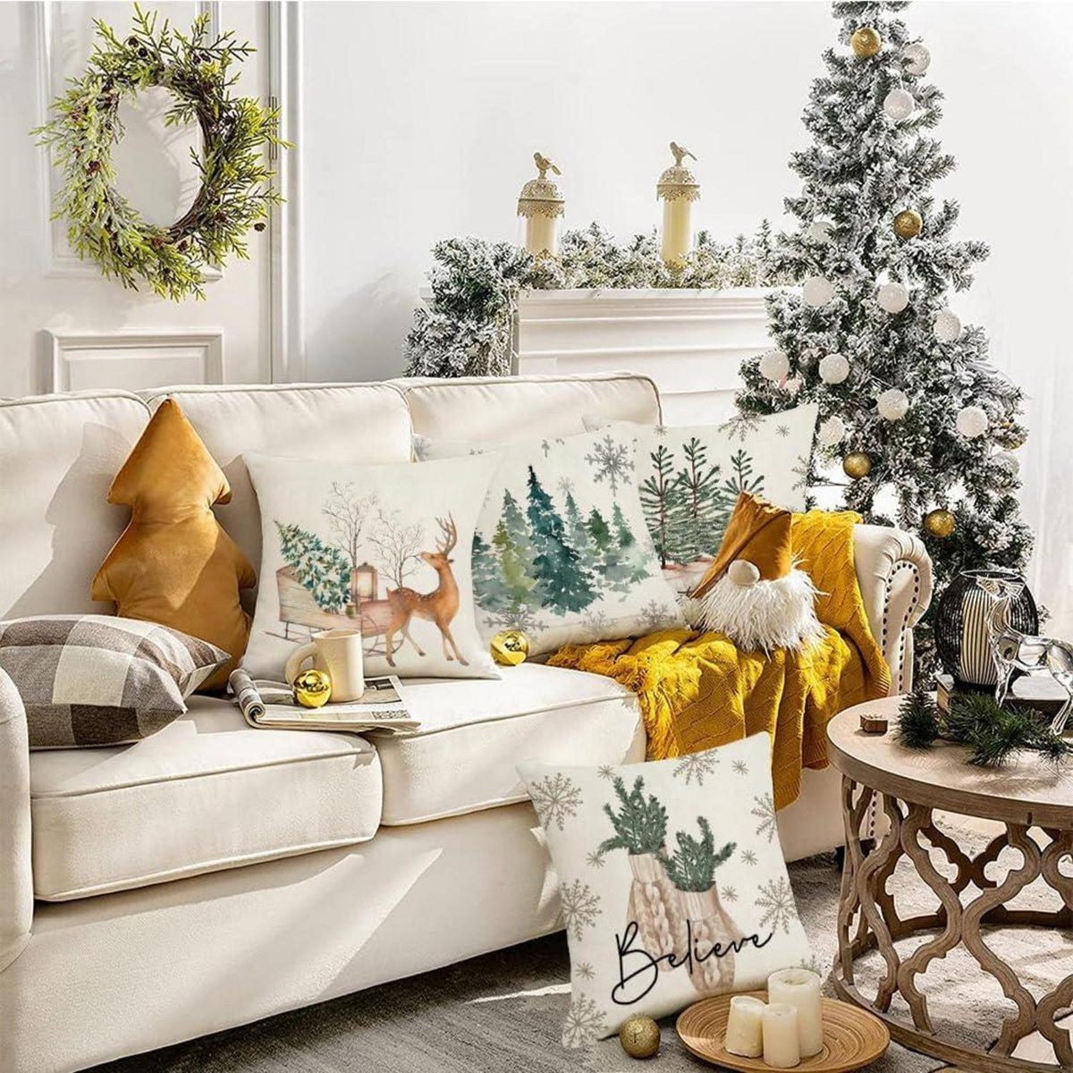 4er Set Weihnachtskissenbezug Leinen Nostalgie 45x45cm Weihnachtsdeko für Sofa Bett