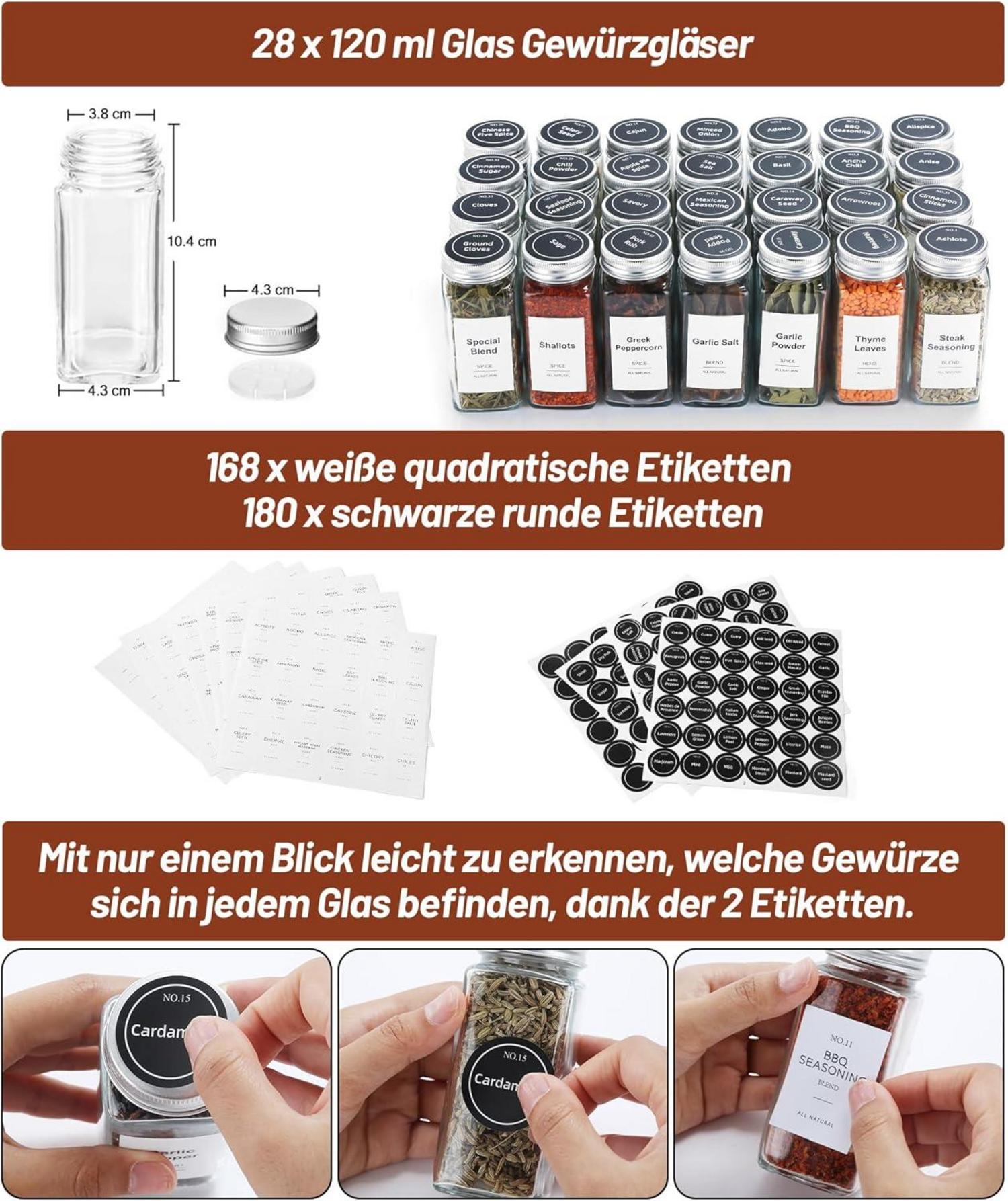Viymgit 28 Gläser Gewürzregal Schublade Organizer 348 Etiketten 4-stöckiges Acryl-Küchen-Schrank Arbeitsplatte