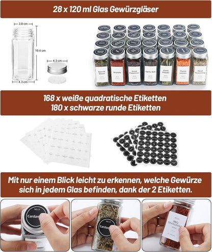 Viymgit 28 Gläser Gewürzregal Schublade Organizer 348 Etiketten 4-stöckiges Acryl-Küchen-Schrank Arbeitsplatte