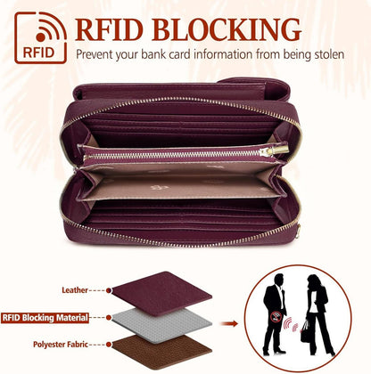 Handytasche mit Geldbörse RFID Schutz Leder Crossbody Schultertasche 12 Kartenfächer Rot