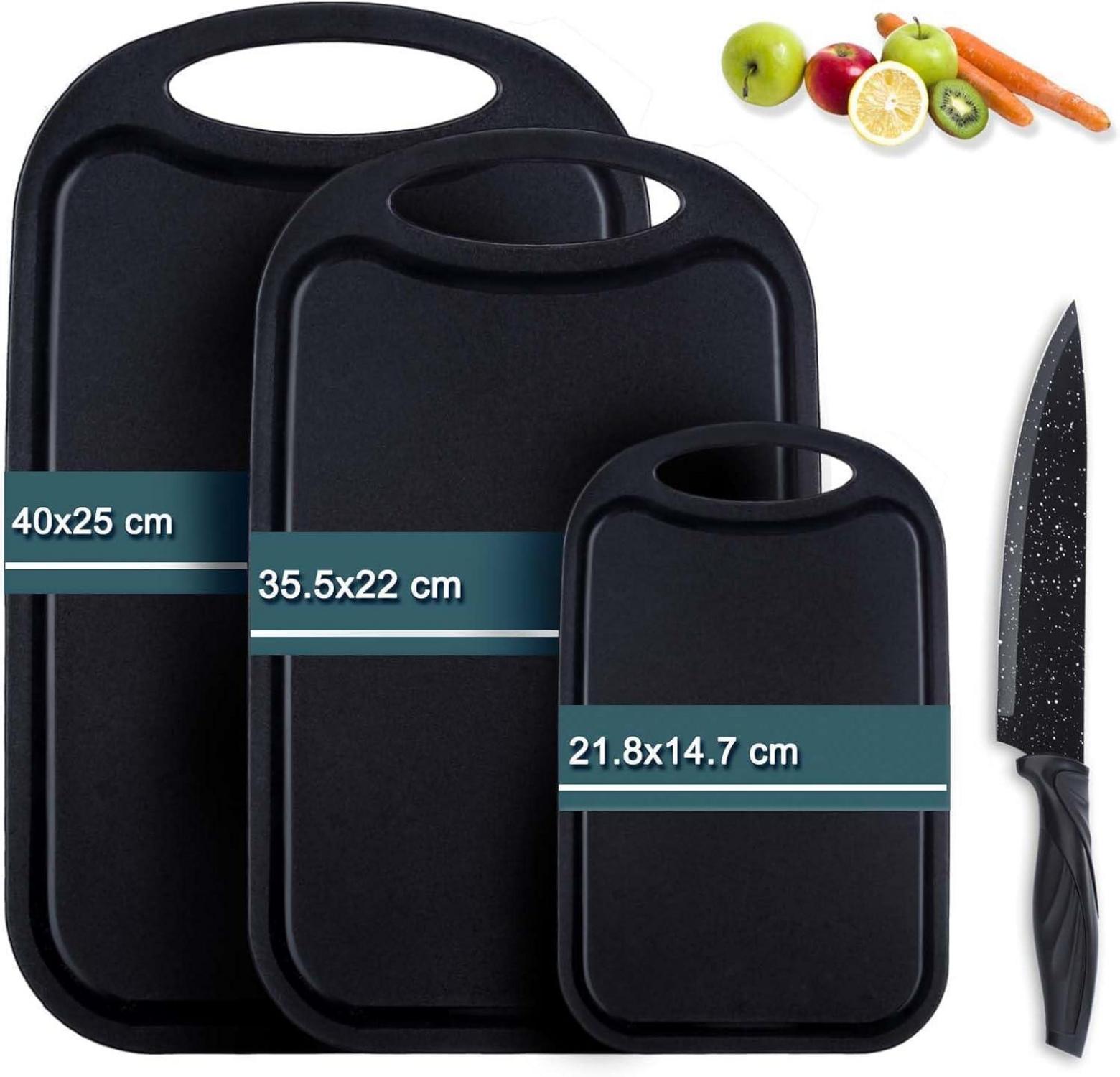 Schneidebrett Set Kunststoff Schwarzes mit Saftrille und Messer