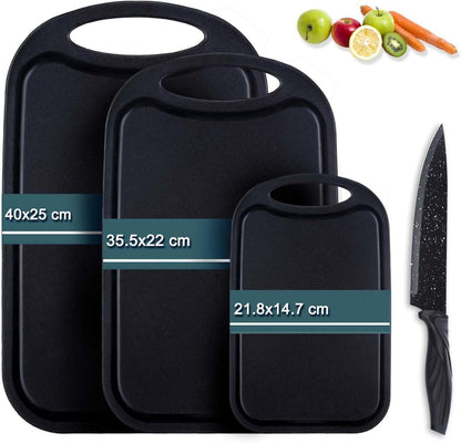 Schneidebrett Set Kunststoff Schwarzes mit Saftrille und Messer