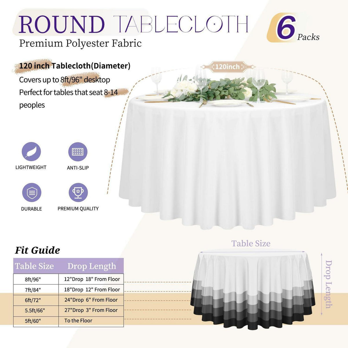 Runde Tischdecke 6er Set, 305cm, Weiß – Wasserfest & Waschbar