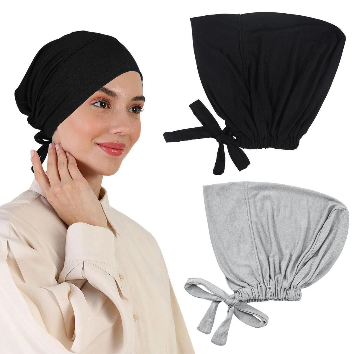 2er Pack Turban Damen Hijab Undercap mit Bindeband Modal-Baumwolle