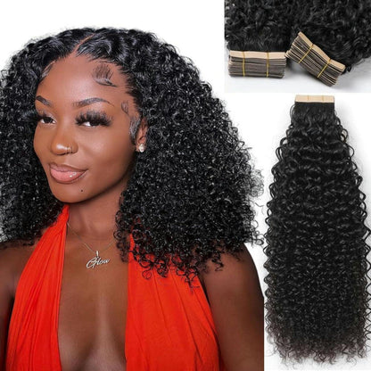 Echthaar Tape Extensions Schwarz Kinky Curly 14 Zoll