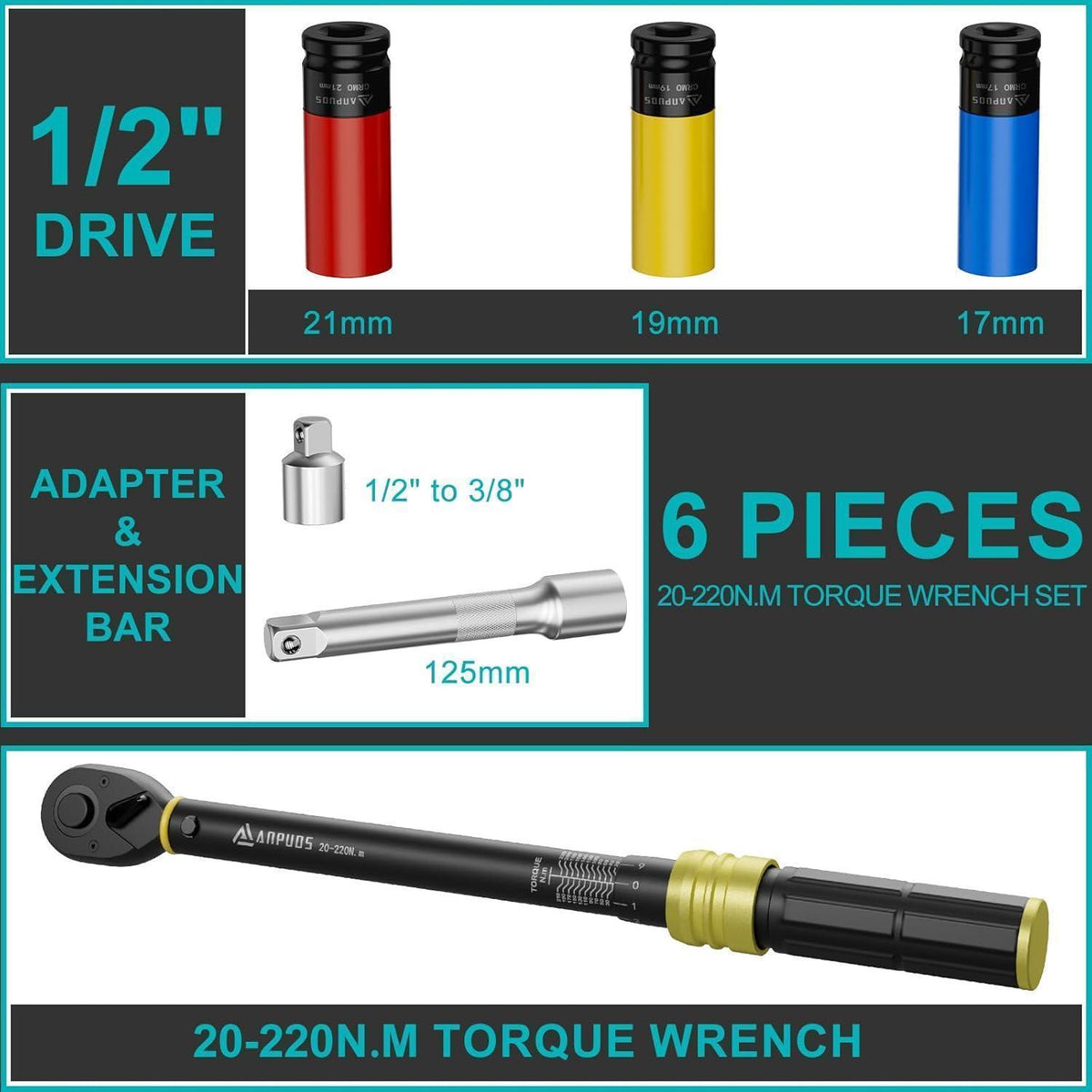 Drehmomentschlüssel Set 1/2" 20-220Nm für Auto & Motorrad