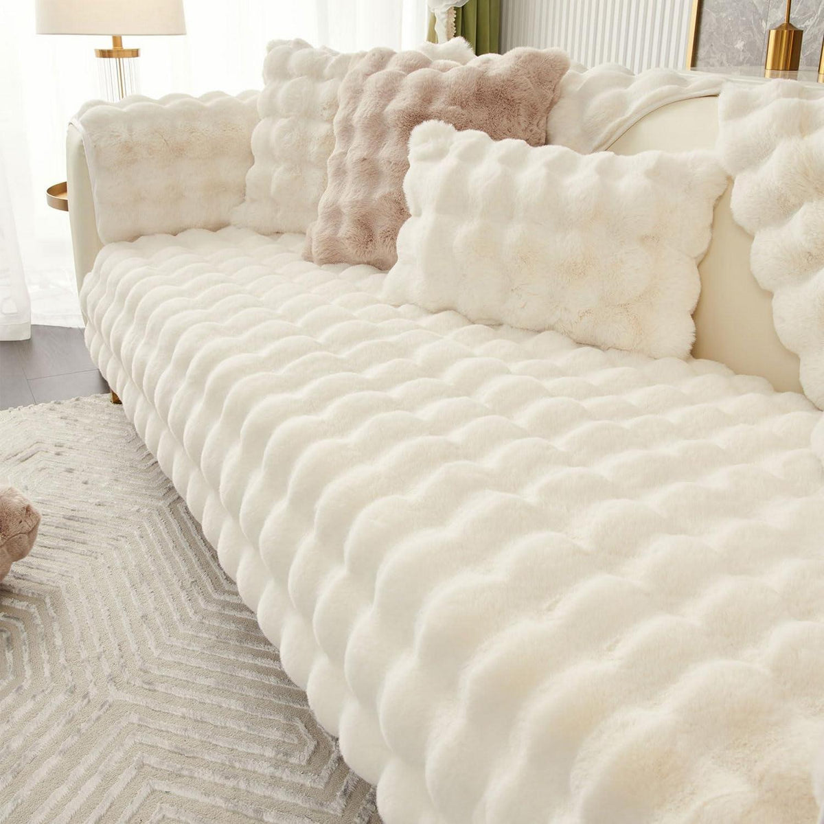 Weicher Sofaüberzug Kunstpelz Rutschfest Beige Weiß 90x240cm