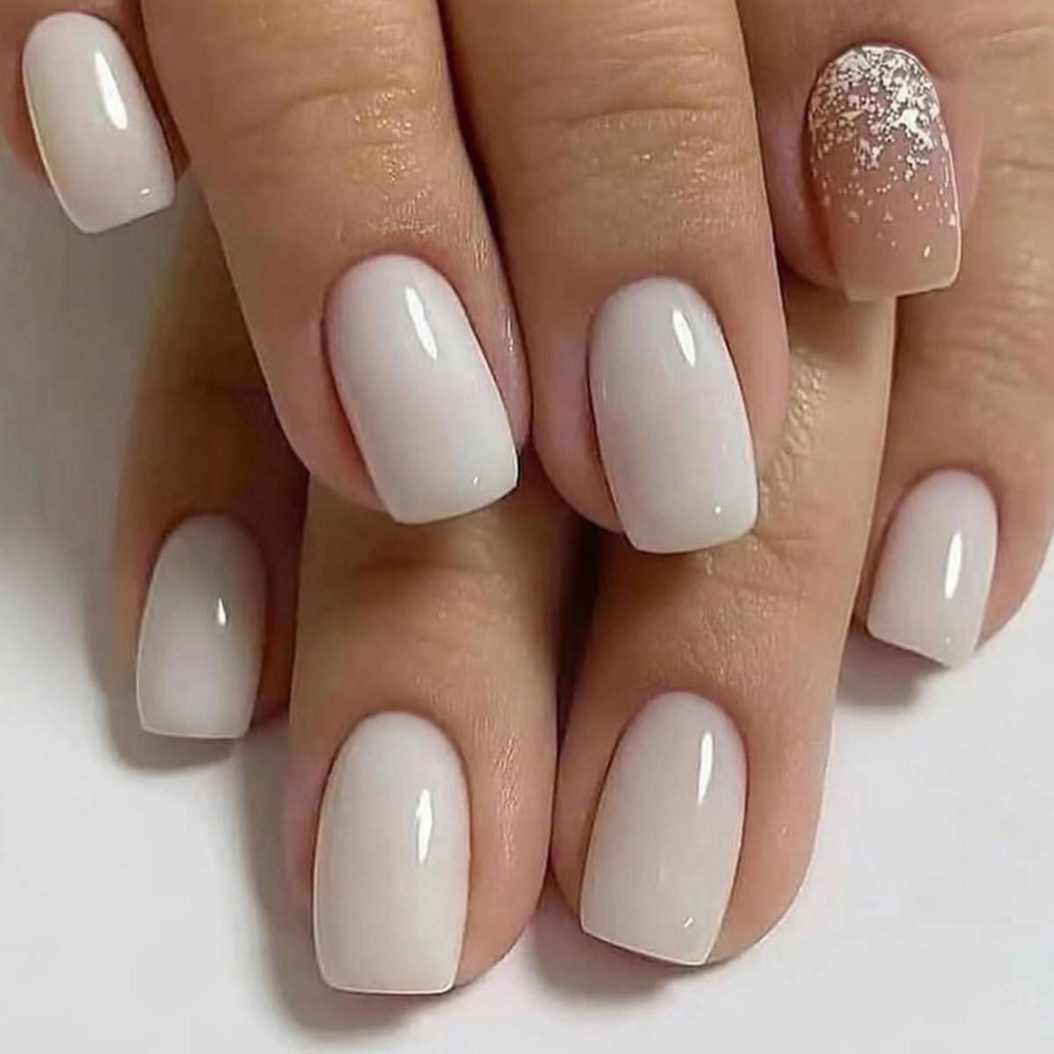 24 Stück Milchig Eckig Nägel Zum Aufkleben Kurz mit Glitter, Weiß für