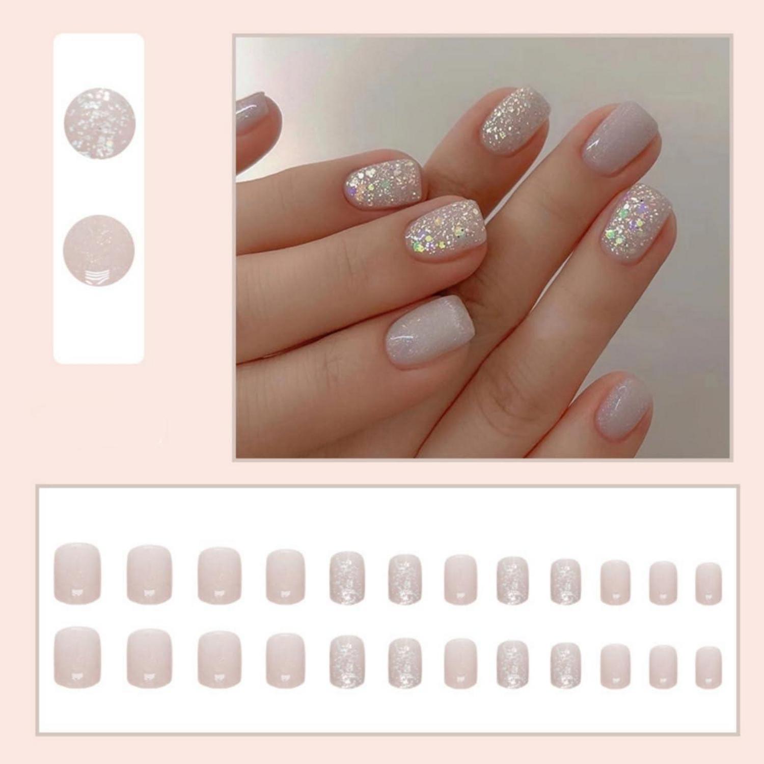 24 Stk. Milchig Weiß Eckig Künstliche Nägel Aufkleben Glossy Fake Nails neu