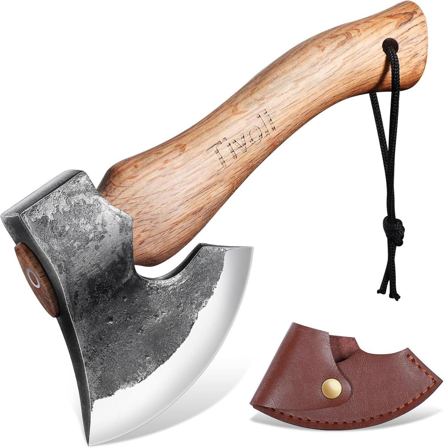 Handgeschmiedete Camping Axt mit Holzgriff und Scheide 27cm