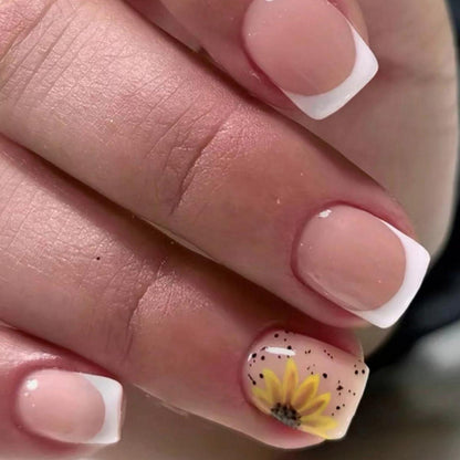 24 Stück Acrylnägel Weiß Sonnenblume Press on Nails quadratisch French