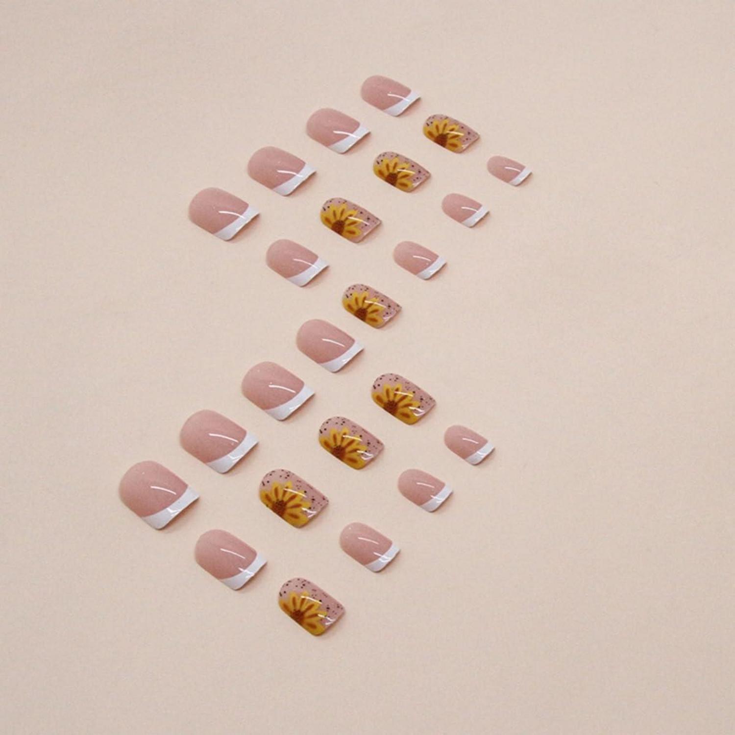 24 Stück Acrylnägel Weiß Sonnenblume Press on Nails quadratisch French