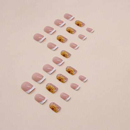24 Stück Acrylnägel Weiß Sonnenblume Press on Nails quadratisch French