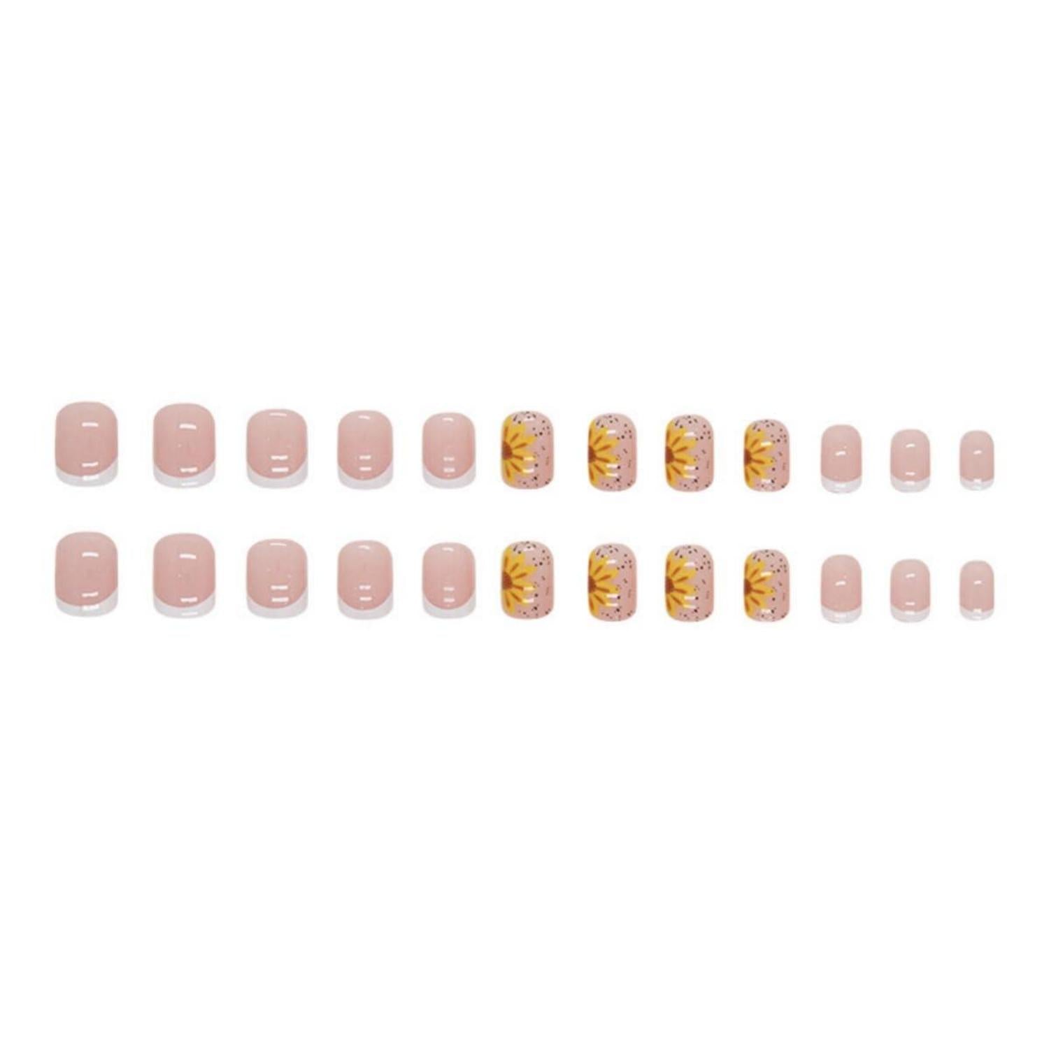 24er Set Weiße Eckige Press On Nails - Sonnenblume Kunstnägel - Glänzende Acrylnägel - Kurze Fake Nails