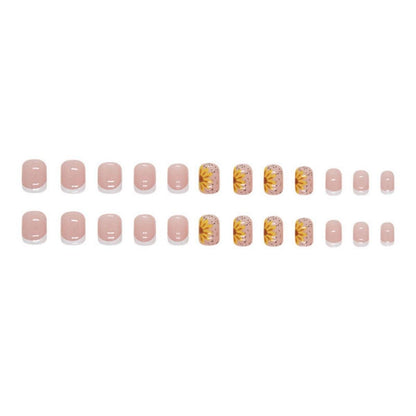 24er Set Weiße Eckige Press On Nails - Sonnenblume Kunstnägel - Glänzende Acrylnägel - Kurze Fake Nails