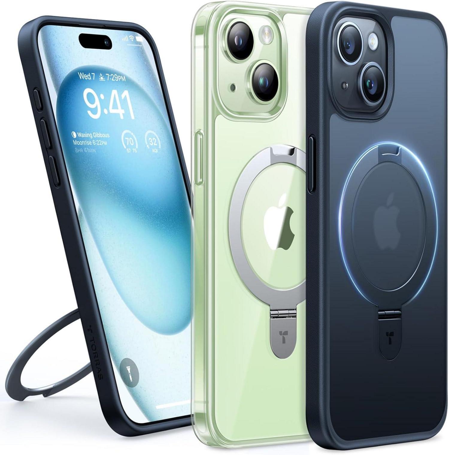 Schwarze iPhone 15 Plus Hülle mit MagSafe Ständer - Militärischer
