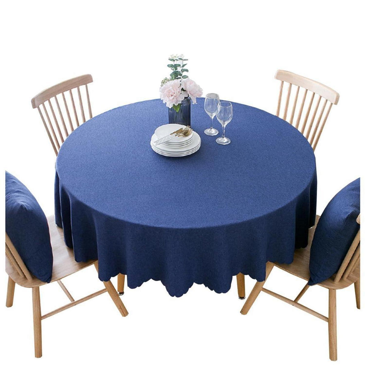Runde Baumwoll-Leinen Tischdecke wasserabweisend 260 cm Dunkelblau